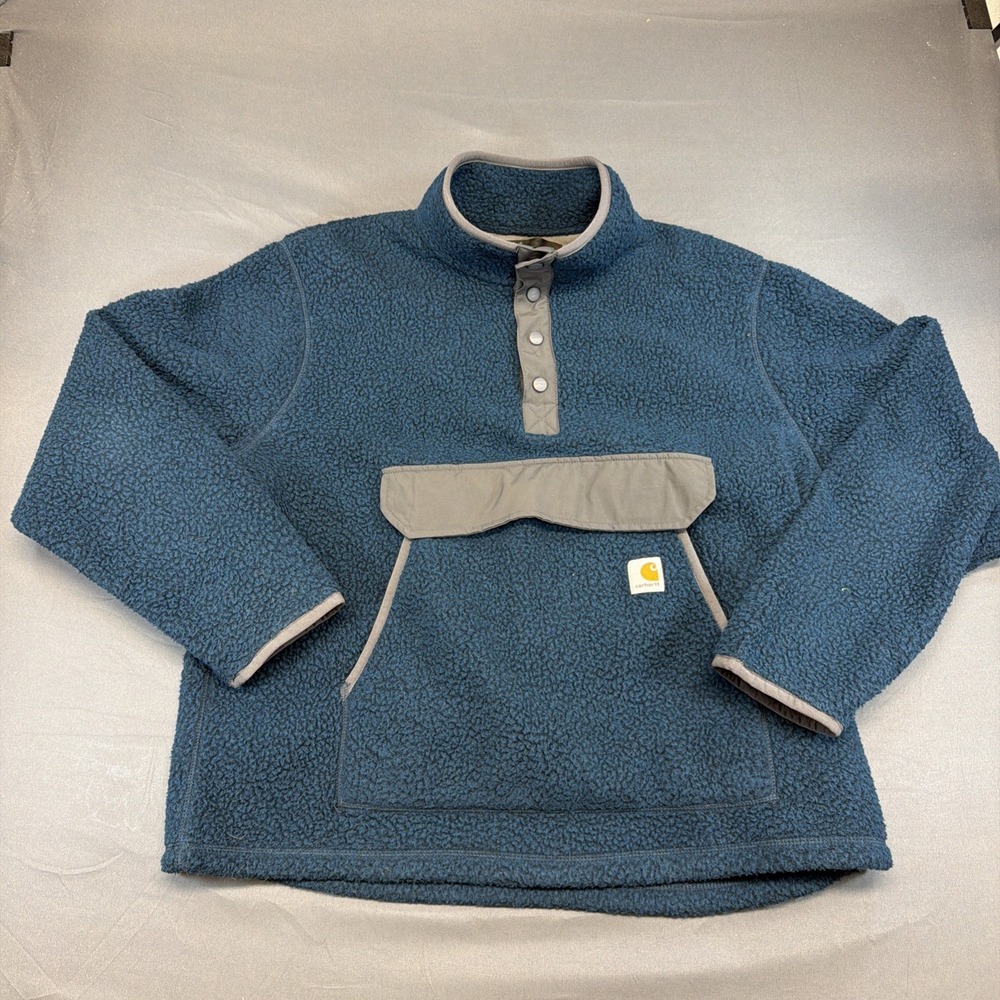 Carhartt Mens Relaxed Fit Fleece Pullover Snap Front Anorak Blue Jacket Large